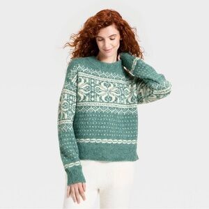 Women’s Alpine Snowflake Universal Thread Teal green Cream Crewneck Sweater L XL